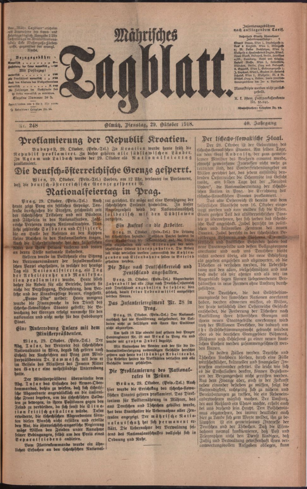 Mährisches Tagblatt, titulní strana vydání z 29. října 1918. Österreichisches Nationalbibliothek Wien.